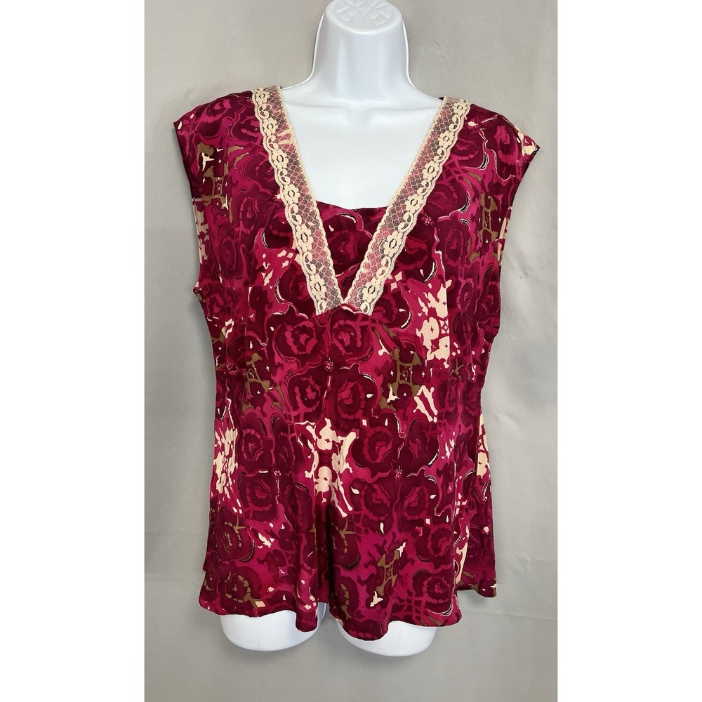 Nine West Babydoll Top Blouse Top Size 14 Lace 100% Silk V- Neck Floral